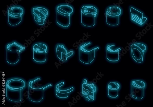 Face shield icons set. Isometric set of face shield vector icons neon color on black