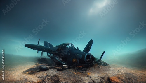 This is a 3D illustration of an eroded F4U Corsair Aircraft found in the bottom of the ocean. photo
