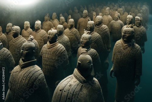 This is a 3D illustration of Terracotta Army found in the depths of the Ocean.