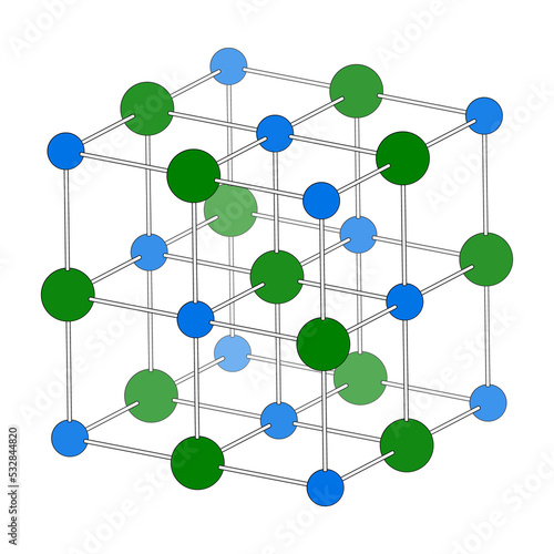 Sodium chloride (rock salt, halite, table salt), crystal structure.