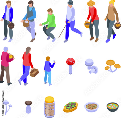 Mushroom pickers icons set isometric vector. Wood food. Tree forest