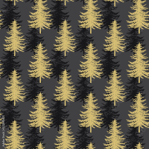 Christmas tree seamless pattern. Noel gold on black print  New year winter decoration  golden christmas background with firs and snowflakes  wallpaper  wrapping paper design