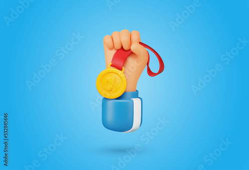 3d cartoon hand holding golden medal first place vector illustration. Winning achievement design elements on blue background