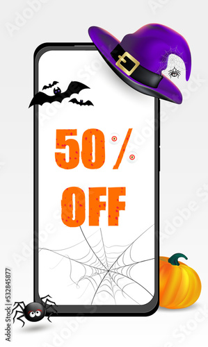 Happy Halloween holiday ad vertical banner with phone mock-up, text, witch hat, flying bats, pumplin and spider isolated on white background. Editable Vector illustration photo