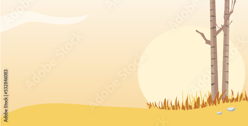autumn, fallen background, two trees on the background of the sun in fall colors, banner, vector illustration