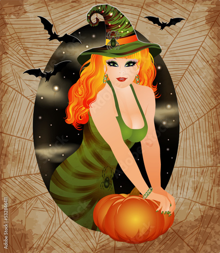 Happy Halloween invitation card, red hair witch and pumpkin, vector illustration