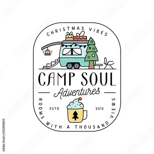 Camping christmas badge design with RV trailer in line art colorful style and quote - Camp soul. Travel logo graphics. Stock vector label