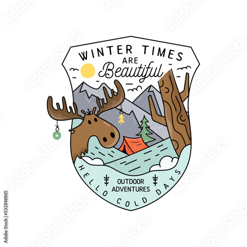 Camping christmas badge design with deer in mountains in line art colorful style and quote - Winter times are beautiful. Travel logo graphics. Stock vector label