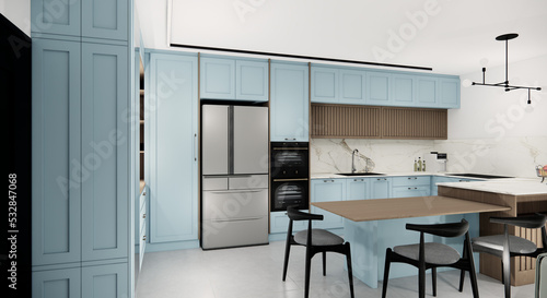 Kitchen design  in new luxury home and  pendant lights 3d render 3d illustration