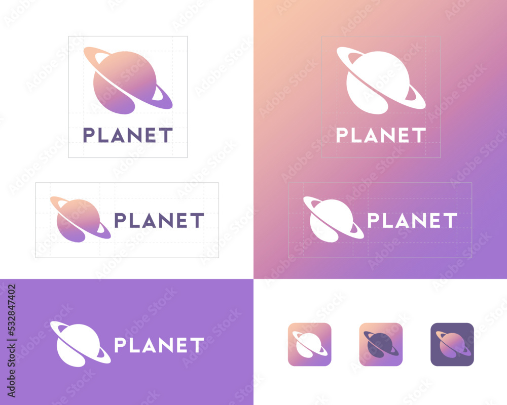 Planet logo. Saturn planet emblem. Sphere with ring. Identity, corporate style, app button set.