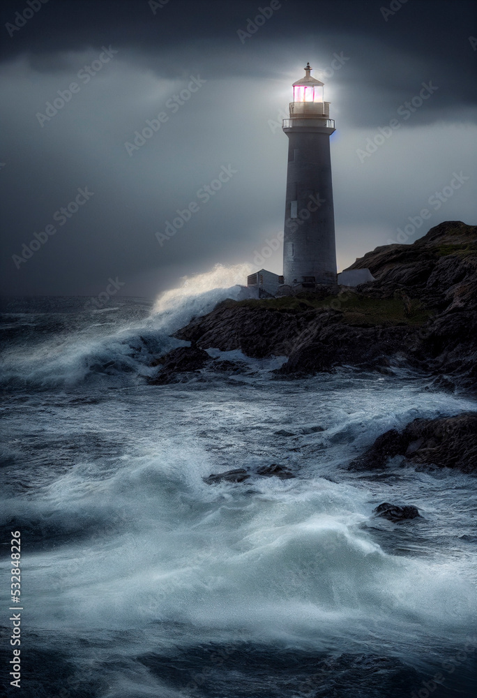 Lighthouse by the ocean, stormy sky, crashing waves