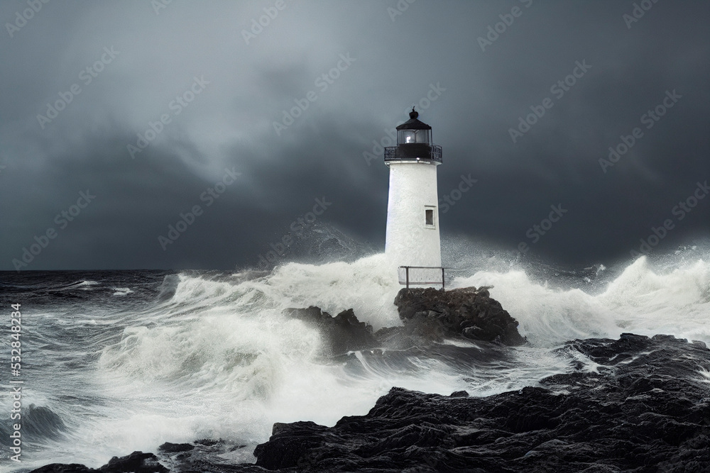 Lighthouse by the ocean, stormy sky, crashing waves