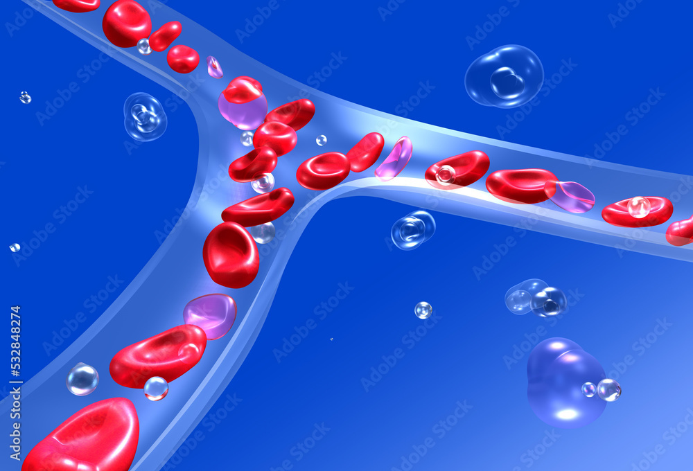 Anatomical 3d illustration of red blood cells in blood circulation. Transparent capillary glass