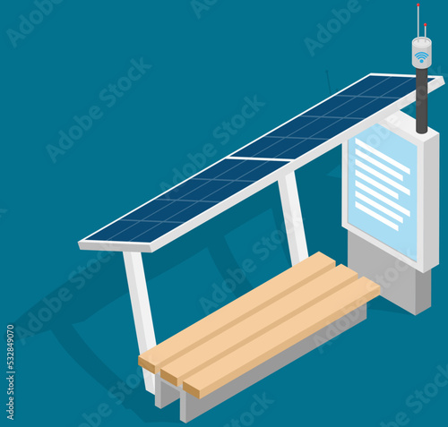 Public transport stop with solar panels on roof. Technologies of future, modern smart city concept. Use of renewable energy sources green energy for clean environment alternative energy infrastructure