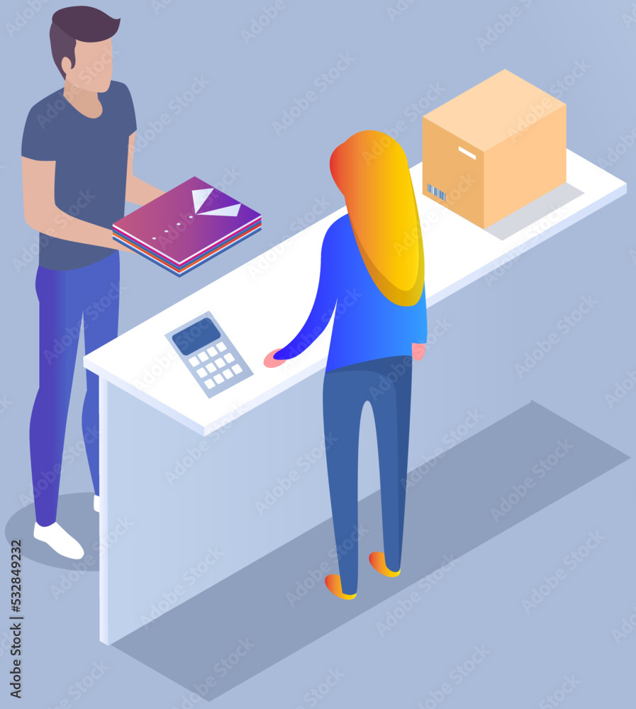 Man choosing clothes in store with consultant. Shop assistant helps buyer to choose shirt during shopping. Customer service in mall. Guy shopper stands near counter, pays for goods female seller Man choosing clothes in store with consultant. Shop assistant helps buyer to choose shirt during shopping. Customer service in mall. Guy shopper stands near counter, pays for goods female seller