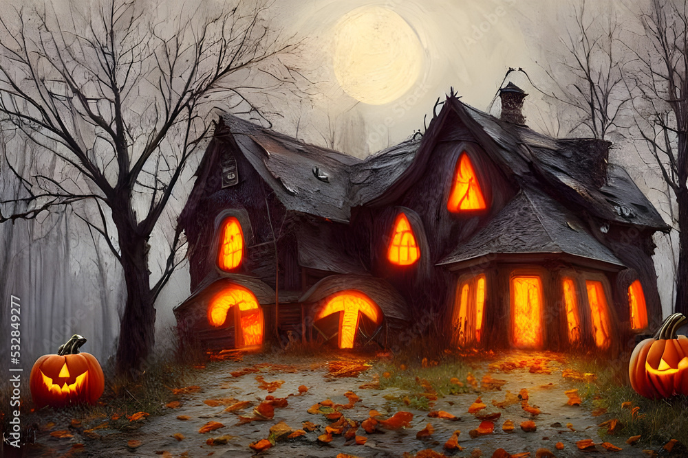 Halloween pumpkins / Jack-o'-lantern / Jack o lantern with houses in background - digital painting - illustration Halloween pumpkins / Jack-o'-lantern / Jack o lantern with houses in background - digital painting - illustration