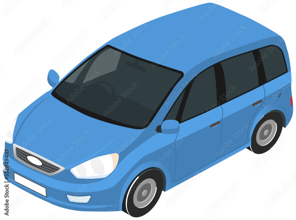 Blue car. Presentation of new automobile isolated on white background. Motor road and off-road vehicle used for transport of people and goods. Main purpose of car is to carry out transport work