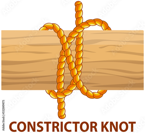 Yellow nautical rope knot, interweaving of ropes, cables, tapes or other flexible linear materials. Constrictor knot isolated on white. Household binding and fastening unit for permanent fastening