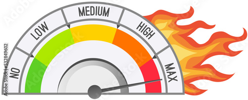 Color scale with arrow from red to green and caliber of emotions, deadline concept, tense, incandescent situation. Measuring device tachometer, speedometer. Stress scale, lack of time, lateness