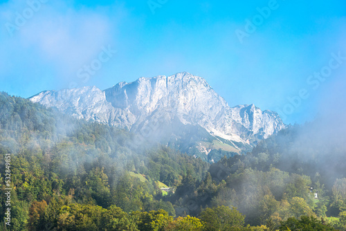 Early morning fog in the Berchtesgaden Alps, especially in the valley below the high mountains of the Untersberg massif as well of the Berchtesgaden Hochthron