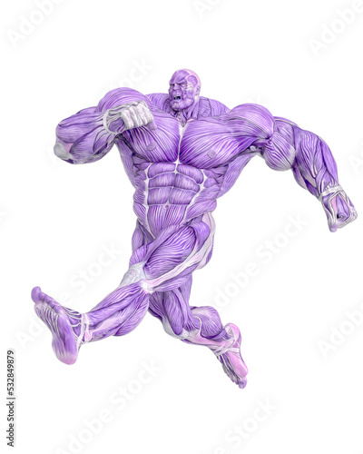 muscle maps of a strong man doing a fast jump