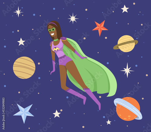 Female superhero at galaxy flying in space vector flat illustration. Woman in cosmic space near planet. Concept of facing with new and unknown. Flying person exploring space and discovering mysteries