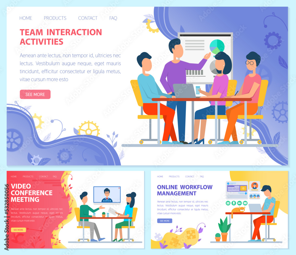 Online workflow management, team interaction activities and video conference website templates. Set of web pages with people working on optimization. Business planning, marketing strategy concept