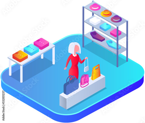 Choosing clothes and accessories in store concept. Female buyer chooses handbag while shopping. Lady customer trying on new clutch bag in shopping mall. Stylish woman in store or fashion boutique