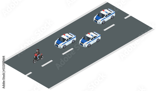 Police transport moves along roads of city. Emergency car accompanied by motorcycle crossing. Vehicle for transporting detainees and policemen. Police service automobile driving on highway of town