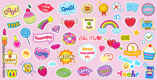 Fashion patches with words dialogue inscriptions vector colored comic icons. Conversation phrases as modern stickers. Cartoon style patch badges with text, colorful sticker pack background pattern