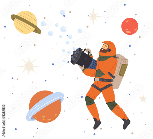 Astronaut, spaceman shoots bubble gun. Man dressed as space defender at costume party. Outfit for holiday in cosmic style. Guy wearing armor with blaster in hands. Person in costume of space explorer