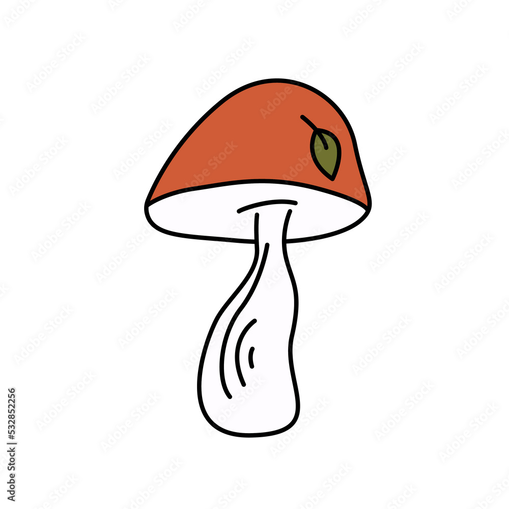 Orange-cap boletus groovy mushroom doodle. Element autumn collection. Black outline isolated on a white background. Hand drawn line art, cute vector illustration.