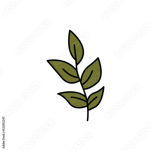 Green twig with leaves doodle. Element of autumn aesthetics. Black outline on a white background. Hand drawn line art  cute vector illustration.