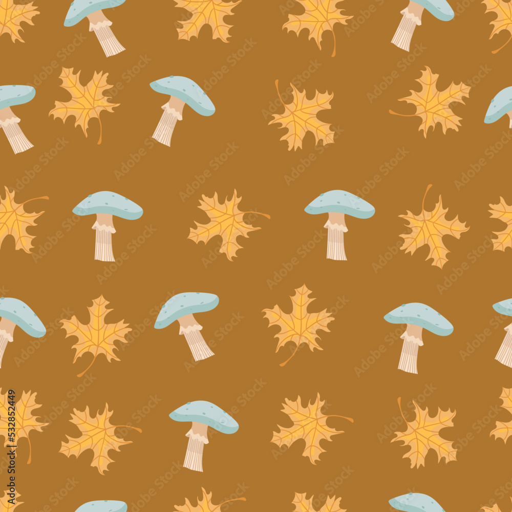 Autumn hand drawn seamless pattern with seasonal elements on brown background. Great for fabric, wallpaper, textile, packaging. Vector illustration.