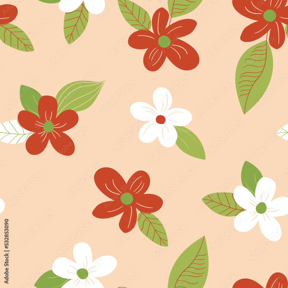 Seamless floral pattern based on traditional folk art ornaments. Art flowers on color background. Scandinavian style. Sweden nordic style. Vector illustration. Simple minimalistic pattern