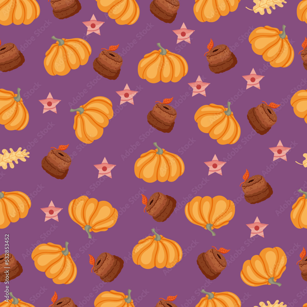 Autumn hand drawn seamless pattern with seasonal elements on violet background. Great for fabric, wallpaper, textile, packaging. Vector illustration. Autumn hand drawn seamless pattern with seasonal elements on violet background. Great for fabric, wallpaper, textile, packaging. Vector illustration.