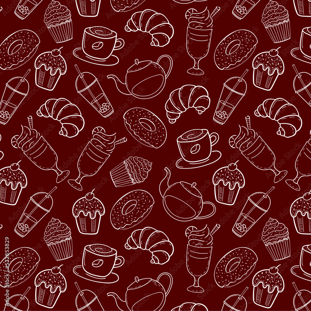 Pastry and coffee seamless pattern in doodle engraved sketch style. Baked goods: donuts, muffins, croissants. Latte, espresso, cappuccino, americano, mocha. For menu,coffee shop,cafe,bakery,restaurant