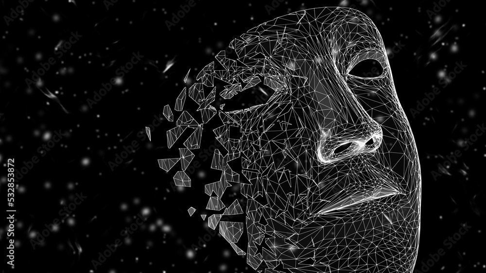 Three-dimensional mask isolated on black abstract background. 3D illustration. - obrazy, fototapety, plakaty 