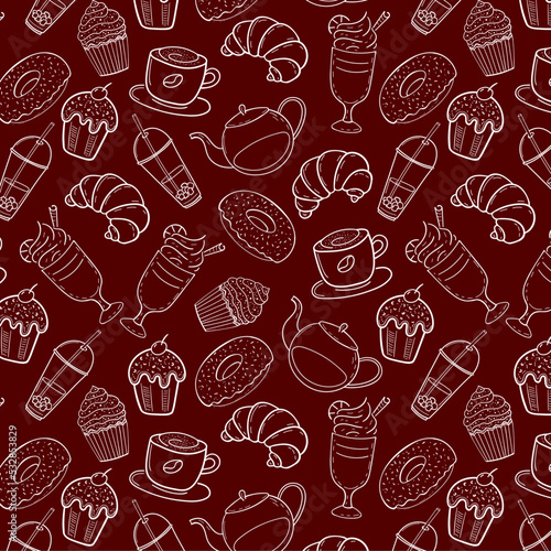 Pastry and coffee seamless pattern in doodle engraved sketch style. Baked goods: donuts, muffins, croissants. Latte, espresso, cappuccino, americano, mocha. For menu,coffee shop,cafe,bakery,restaurant