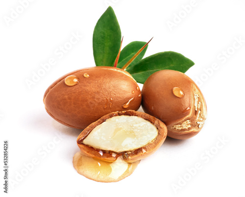 Argan nuts with green leaves on isolated white background. Moroccan Argania Spinosa seeds for the production of oil photo