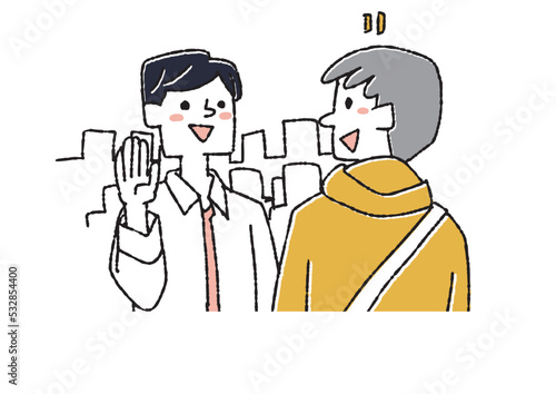 街で知人に偶然出会した男性　コミカルな手書きの人物