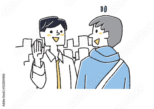 街で知人に偶然出会した男性　コミカルな手書きの人物