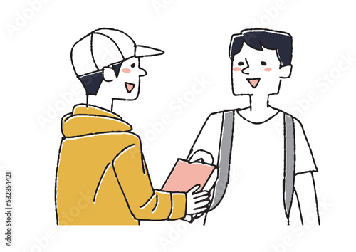 本の貸し借りをする男性達　本を読み知識を共有する人々