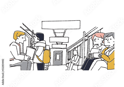 電車内の様子　コミカルな手書きの人物