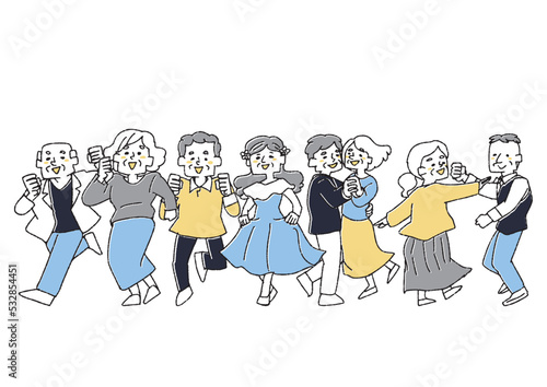 元気に踊る高齢者の男女（ライン）コミカルな手書きの人物