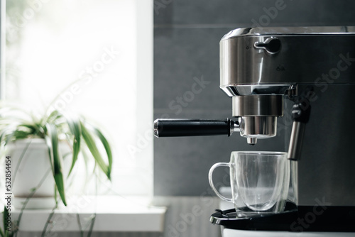 Homemade coffee machine with portafilter. Custard coffee at home
