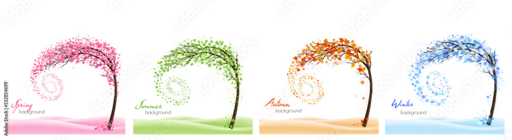 Nature Four stylized trees representing different seasons spring ...
