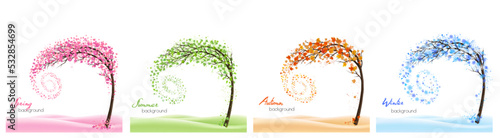 Nature Four stylized trees representing different seasons spring, summer, autumn, winter. Vector.