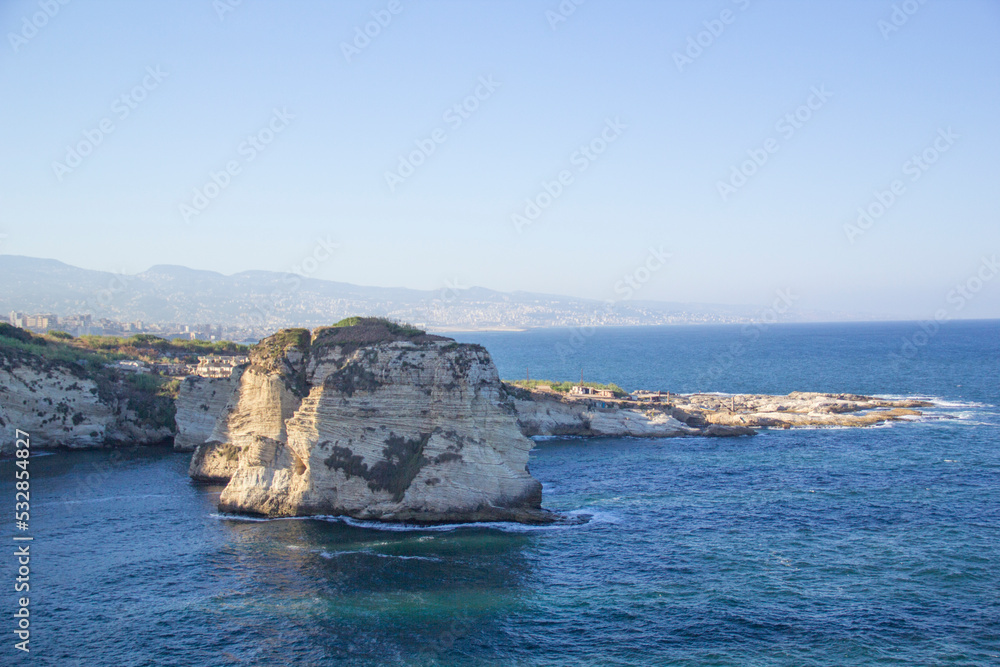 Beautiful view of the Pigeon Rocks on the promenade in the center of Beirut, Lebanon Beautiful view of the Pigeon Rocks on the promenade in the center of Beirut, Lebanon
