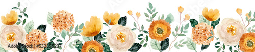 yellow beige floral bouquet watercolor border